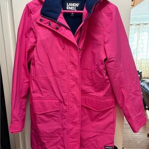 NWOT Lands' End Hot Pink Hooded Heavy Winter Rain Coat